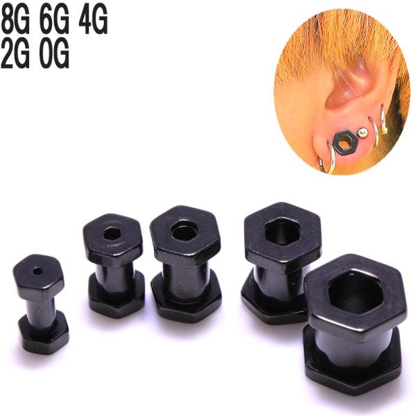 ボディピアス 8G 6G 4G 2G 0G インターナル 六角形 ブラック フレッシュトンネル BP...