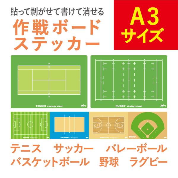 A3サイズ　作戦ボード　書けるステッカー　テニス　野球　サッカー　バレー　バスケ　ラグビー　黒マーカ...