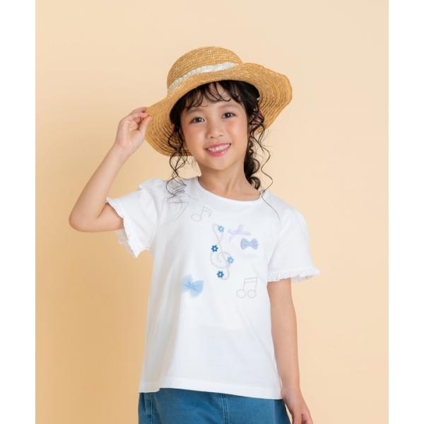 子供服 女の子 Tシャツ 半袖 普段着　通学着　綿100％音符＆リボンモチーフフリル袖 オフホワイト...