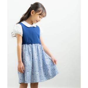 子供服 女の子 ワンピース ジャンパースカート ノースリーブ 普段着　通学着　お出かけ着　花柄＆ストライプ柄リボン付き ネイビー むーのんのん moononnon｜moononnon