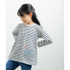 子供服 女の子 Tシャツ 長袖 普段着　通学着　綿100％ボーダー柄ポシェットモチーフ付き オフホワイト ブルー むーのんのん moononnon｜moononnon