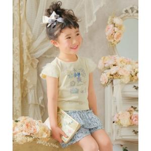 子供服 女の子 Tシャツ 半袖 普段着 お花 プリント リボン チュール袖 かわいい おしゃれ ティーシャツ イエロー グリーン オフホワイト むーのんのん moononnon｜moononnon