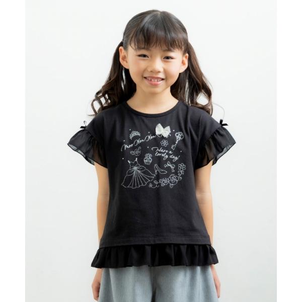 子供服 女の子 Tシャツ 半袖 普段着　通学着　ドレス＆ロゴラメプリントシフォンフリル袖 ブラック ...