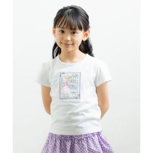 子供服 女の子 Tシャツ 半袖 普段着　通学着　通園着　綿100％外国街並み＆女の子モチーフプリント オフホワイト パープル むーのんのん moononnon｜moononnon