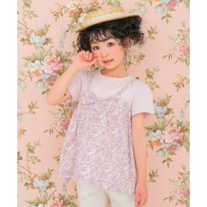 子供服 女の子 Tシャツ 春夏 半袖 綿100％コットンオリジナル花柄プリントリボン重ね着風ゆったりAライン ピンク むーのんのん moononnon｜moononnon