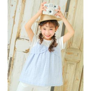 子供服 女の子 Tシャツ 春夏 半袖 重ね着風 リボン モチーフ ドッキング カットソー ドビー織り ストライプ模様 イエロー ブルー むーのんのん moononnon｜moononnon