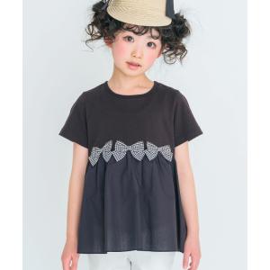 子供服 女の子 Tシャツ 春夏 半袖 ギンガムチェック リボン ギャザー 切り替え Aライン 黒 カットソー ブラック むーのんのん moononnon｜moononnon