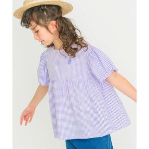 子供服 女の子 ブラウス 春夏 半袖 ギンガムチェック柄 音符刺繍 パフスリーブ Aライン オーバーブラウス ピンク パープル むーのんのん moononnon｜moononnon