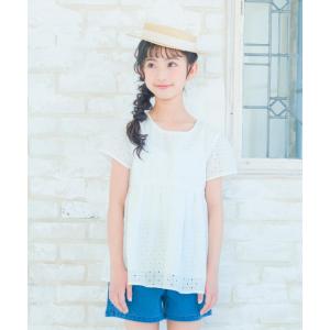 子供服 女の子 Tシャツ 春夏 半袖 子ども服 キッズ 綿レース 総柄 花柄 Aライン 半そで 裏地付き カットソー グリーン オフホワイト むーのんのん moononnon｜moononnon