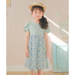 子供服 女の子 ワンピース ジャンパースカート 春夏 半袖 子ども服 キッズ ベビー 綿 コットン 花柄 リボン チュール グリーン パープル むーのんのん moononnon｜moononnon