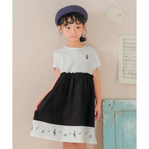 子供服 女の子 ワンピース ジャンパースカート 春夏 半袖 子ども服 キッズ ベビー 綿100％ コットン 音符 プリント ホワイト×ブラック むーのんのん moononnon