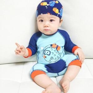 キッズ水着 男の子用 ロンパース 子供水着 キッズ ベビー オールインワン　半袖 ロンパース キャップ付き 2点セット ラッシュガード プール ビーチ 夏｜moorebear