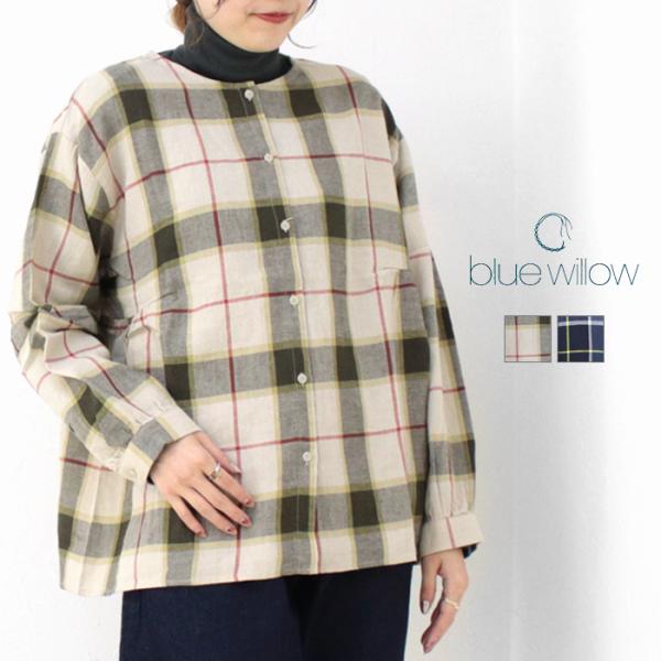 ブルーウィロー blue willow コットンリネンツイルチェックギャザーブラウス 01DWS11...