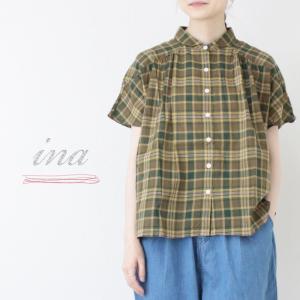 イナ ina  オーガニックコットンローンチェック肩ヨークギャザーブラウス 252136 トップス 半袖 ワイド 日本製 レディース 2025春夏｜more-net2