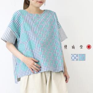快晴堂 かいせいどう Girl's インディゴサッカーに水玉ミックス水玉半袖Tシャツ 52S-01 日本製 プルオーバー ドット 総柄 トップス レディース 2025春夏｜more-net2