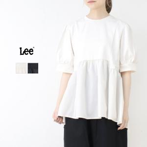 リー LEE ギャザーペプラムT/GATHER PEPLUM TEE LT7217 トップス Tシャツ 切替 フレア 無地 5分袖 ロゴ刺繍 レディース 2025春夏｜more-net2
