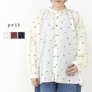 プリット prit 40/1綿麻平織ドットプリントスタンドカラーギャザーブラウス P80538 ブラウス ボリュームスリーブ 長袖 日本製 /返品・交換不可/SALE セール｜more-net2