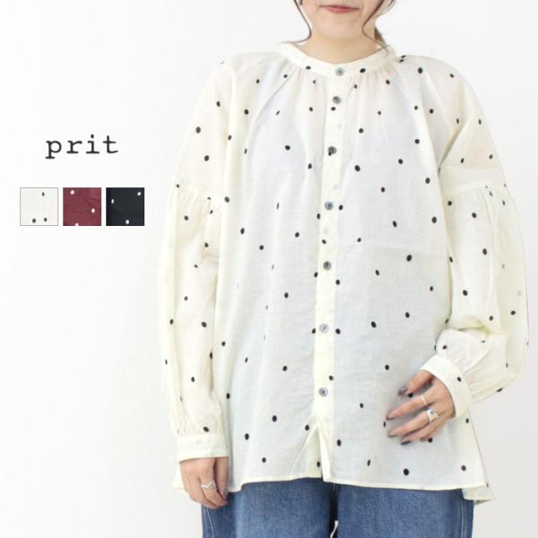 プリット prit 40/1綿麻平織ドットプリントスタンドカラーギャザーブラウス P80538 ブラ...