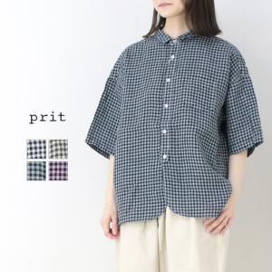 プリット prit フレンチリネンギンガムチェック5分袖レギュラーカラーシャツ P81549 日本製 ワイド ブラウス 羽織 半袖 トップス レディース 2025春夏｜more-net2