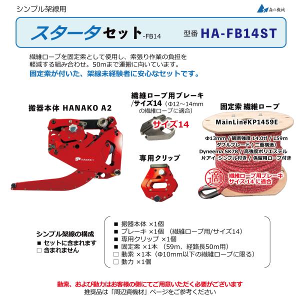 シンプル架線用 スタータセット ブレーキ付き搬器 HANAKO_A2 固定索用繊維ロープ付き