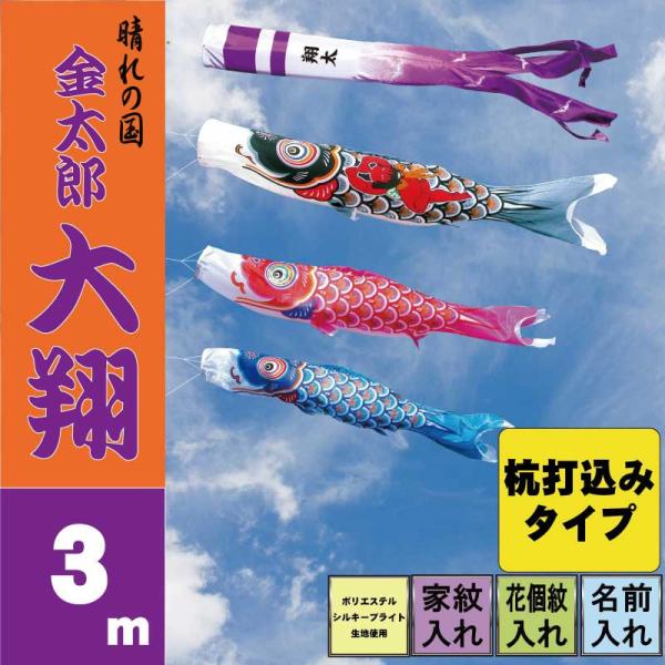 こいのぼり 徳永 鯉のぼり 金太郎大翔 3m 6点 鯉3匹 杭打込みタイプ 徳永鯉 庭園ガーデンセッ...