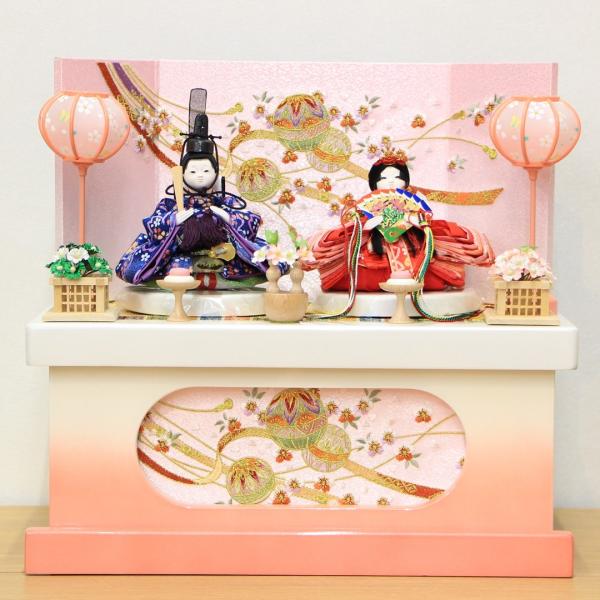 雛人形 コンパクト 収納親王飾り 豆極小親王 うさぎ桜柄 白ピンク鞠桜刺繍収納箱 間口38cm