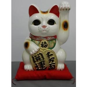 13号開運手長招き猫白（右手または左手）(座布団付) : 人形のモリシゲ