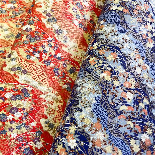 友禅和紙 華やか古典柄 切り継ぎ風 秋の草花 赤 青 大判 約63ｘ93 cm 千代紙