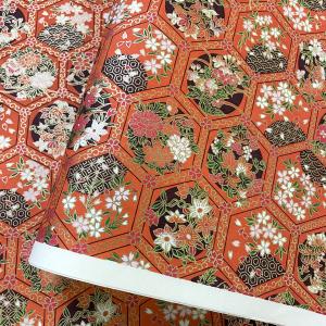 友禅和紙 華やか天井絵風 六角に草花 煉瓦色 赤系 朱色