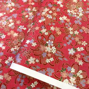 華やかな友禅和紙 赤いリボンと桜 赤 菊判 大判 約63ｘ93cm 千代紙