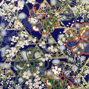 友禅和紙 華やか大きな花紋様にしだれ桜 萩 紺地 菊判