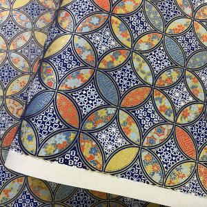 友禅和紙 七宝文様に小花 青 オレンジ 大判 菊判 約63ｘ93cm