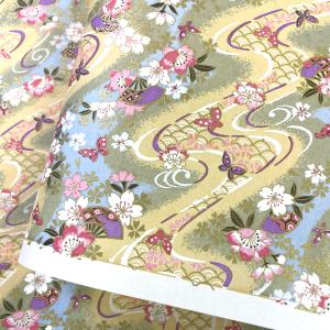 華やかな友禅紙  豪華 蝶が舞う川面に桜 水色 クリーム色