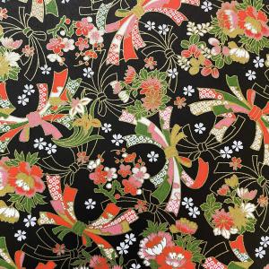 友禅和紙 華やか黒地に熨斗模様と花々 大判 菊判 約63ｘ93cm