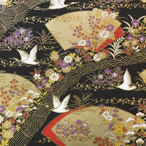 友禅和紙 豪華 金扇と鶴 秋の草花 黒地 大判 菊判 約63ｘ93cm