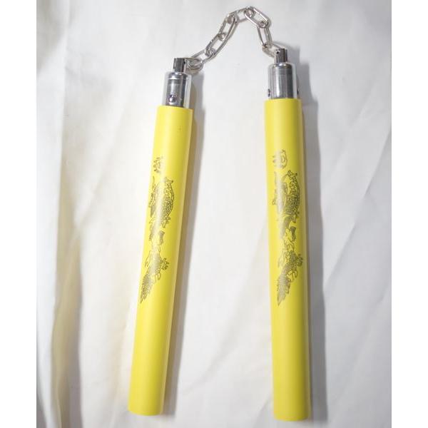 カンフー武具・イエロー ウレタン ラバー ヌンチャク【ソフトラバー製玩具】龍模様 遊離ベアリング軸承...