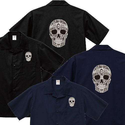 スカルメッセージ オープンカラーシャツ 半袖 ドクロ バイカー チョッパー バイク ワークシャツ ア...