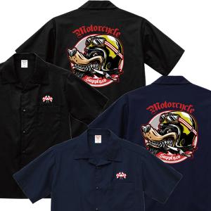 ウルフMotorcycle Supply オープンカラーシャツ 半袖 オオカミ 狼 バイカー バイク アメ車 ワークシャツ｜moriyama-print