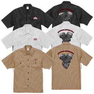 般若スカル ストライプワークシャツ 半袖 チェッカーフラッグ ドクロ