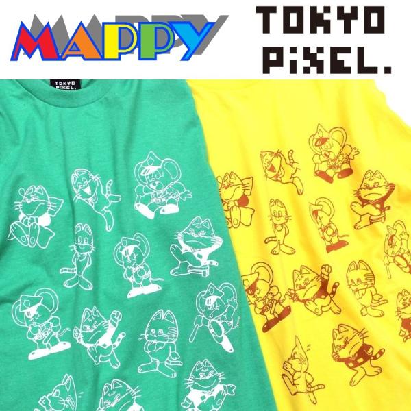 TOKYO PIXEL × マッピー 総柄 Ｔシャツ グリーン イエロー ナムコ 　