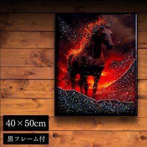 水晶パネル アートパネル 40×50cm 50×40cm 黒馬 ホース 黒フレーム付き クリスタル シルバー 絵 イラスト おしゃれ 高級感 KH5324