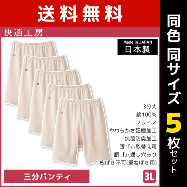 同色5枚セット 快適工房 三分パンティ 3Lサイズ 大きいサイズ 綿100% 日本製 グンゼ GUN...