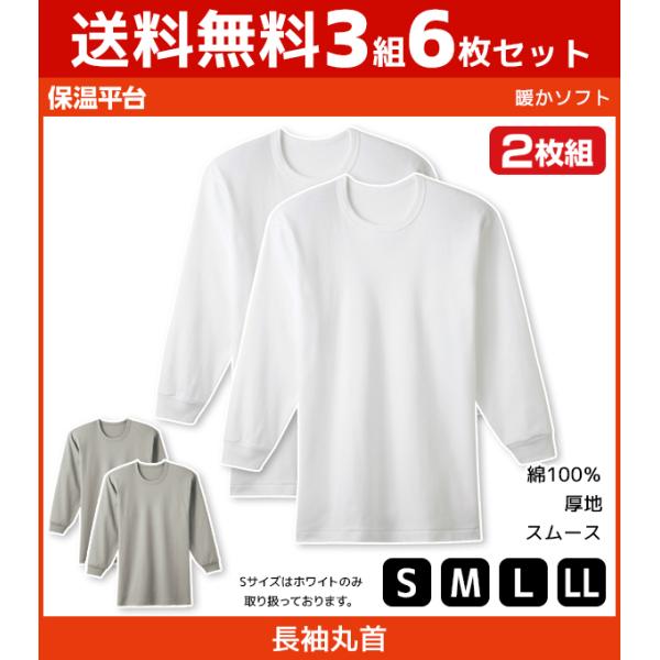 3組セット 計6枚 保温平台 暖かソフト 長袖 クルーネックTシャツ 長袖丸首 2枚組 グンゼ GU...