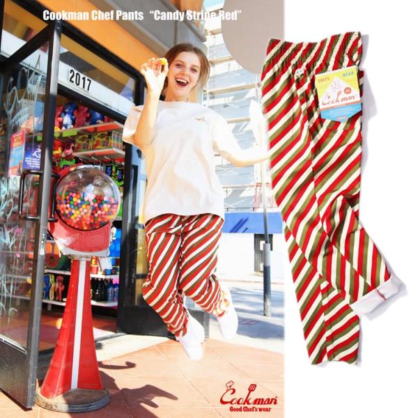 COOKMAN クックマン シェフパンツ Chef Pants Candy Stripe Red キ...