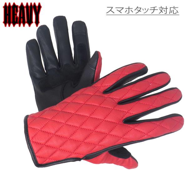 送料無料 HEAVY  ダイヤステッチ 山羊革プレーングローブ レッド スマホタッチ（HGGP-05...