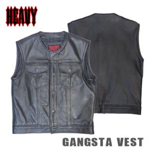 【HEAVY】ギャングスタベスト　GANGSTA VEST【モトブルーズ】 MC　チームベスト　Motorcycle Team Vest　襟無しレザーベスト｜motobluez-store