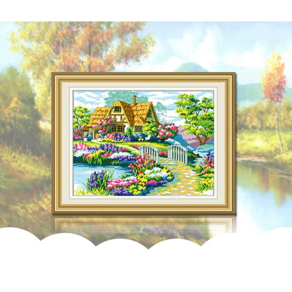 クロスステッチ 刺繍キット DIY 手芸キット 壁に貼るフレーム 花草景色図案 綺麗な庭園 小屋 壁...