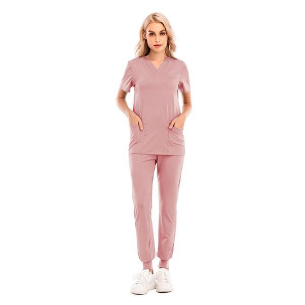 通気性のある看護スクラブセットスリム2ポケットファッションシャツ快適なVネックXXLピンク