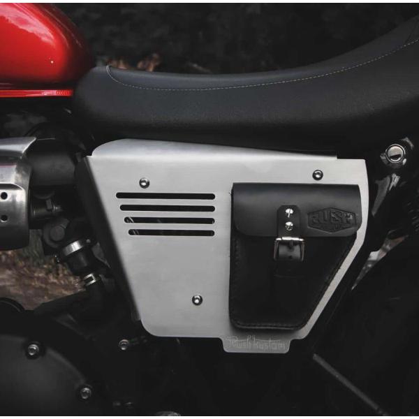ラッシュカスタム 水冷 ボンネビル バッグ付サイドカバー シルバー/ブラック Omega Racer