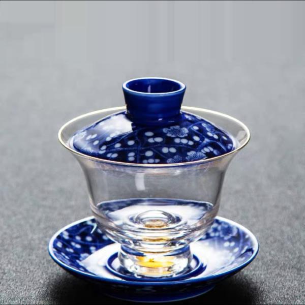 茶器ガラス蓋碗 200ml 磁器蓋と受け皿付き（花模様）高級 食器